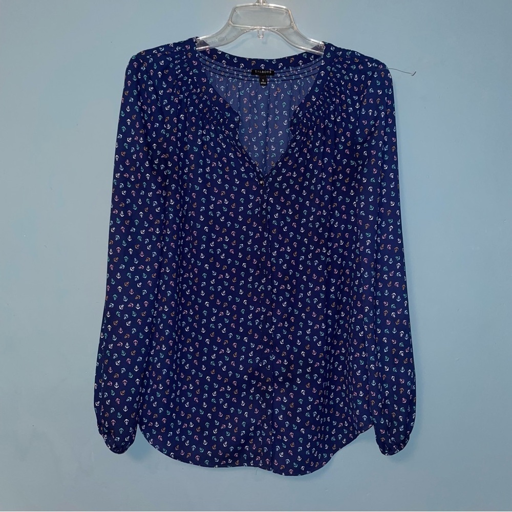Talbots Gauzy Button Down Anchor Print Long Sleeve Shirt Size Small